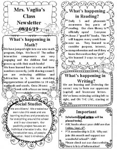 Mrs Vaglias Class Newsletter 081619 Whats happening in