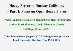 Heavy Flavor in Nuclear Collisions Part I Focus