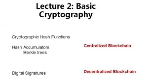 Lecture 2 Basic Cryptography Cryptographic Hash Functions Hash