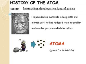 HISTORY OF THE ATOM 460 BC Democritus develops