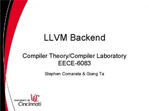 LLVM Backend Compiler TheoryCompiler Laboratory EECE6083 Stephen Comarata LLVM Backend Compiler TheoryCompiler Laboratory EECE6083 Stephen Comarata