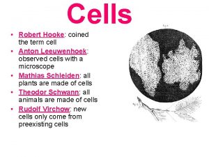 Cells Robert Hooke coined the term cell Anton