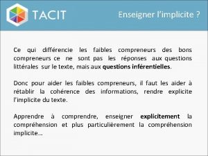 Enseigner limplicite Ce qui diffrencie les faibles compreneurs