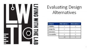 Evaluating Design Alternatives Criteria Alternative 1 Alternative 2