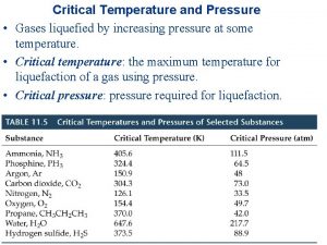 Critical Temperature and Pressure Gases liquefied by increasing