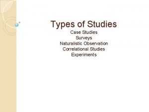 Types of Studies Case Studies Surveys Naturalistic Observation