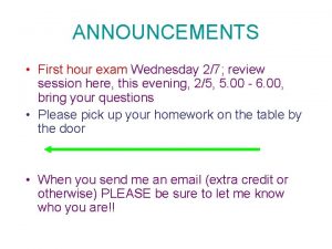 ANNOUNCEMENTS First hour exam Wednesday 27 review session