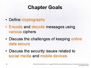 Chapter Goals Define cryptography Encode and decode messages