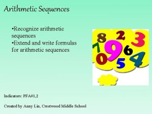 Arithmetic Sequences Recognize arithmetic sequences Extend and write
