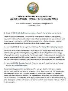 California Public Utilities Commission Legislative Update Office of