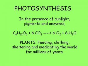 PHOTOSYNTHESIS In the presence of sunlight pigments and