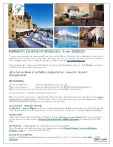 FAIRMONT LE MANOIR RICHELIEU Hiver 20202021 Nous sommes