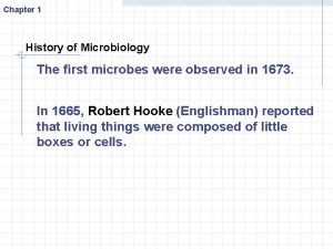 Chapter 1 History of Microbiology The first microbes