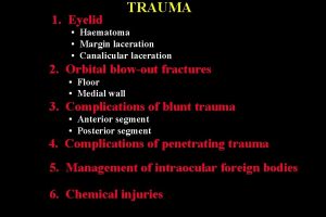 1 Eyelid TRAUMA Haematoma Margin laceration Canalicular laceration