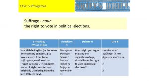 Title Suffragettes Suffrage noun the right to vote