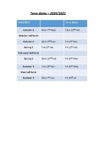 Term dates 20202021 Autumn 1 Term Dates Mon