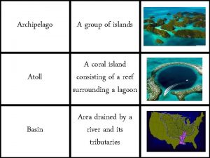 Archipelago A group of islands Atoll A coral