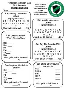 Kindergarten Report Card First Semester Phonological Skills Name