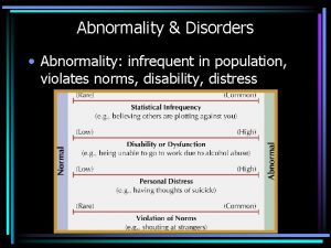 Abnormality Disorders Abnormality infrequent in population violates norms