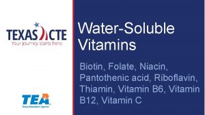 WaterSoluble Vitamins Biotin Folate Niacin Pantothenic acid Riboflavin