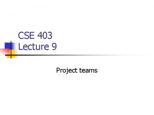 CSE 403 Lecture 9 Project teams Why teams