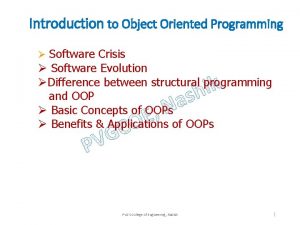 Introduction to Object Oriented Programming Software Crisis Software