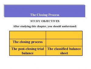 The Closing Process STUDY OBJECTIVES After studying this