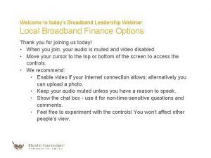 Welcome to todays Broadband Leadership Webinar Local Broadband