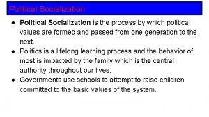 Political Socialization Political Socialization is the process by