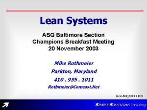 Lean Systems ASQ Baltimore Section Champions Breakfast Meeting