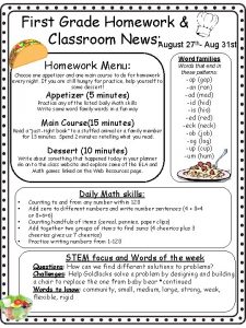 First Grade Homework Classroom News August 27 Homework