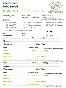 Altenberger TREC Bewerb 21 Juni 2019 Anmeldung bei