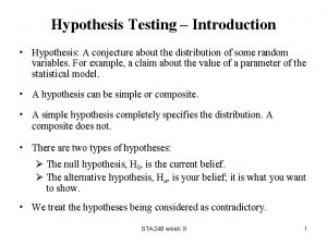 Hypothesis Testing Introduction Hypothesis A conjecture about the