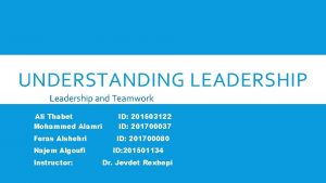 UNDERSTANDING LEADERSHIP Leadership and Teamwork Ali Thabet Mohammed
