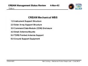 CREAM Management Status Review 4 Nov02 Status CREAM