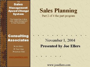 The Sales Management SpeedChange System Sales Planning Part
