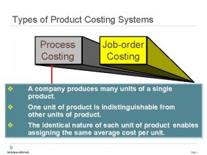 Types of Product Costing Systems Process Costing Joborder