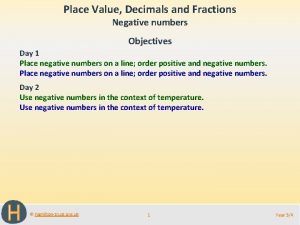 Place Value Decimals and Fractions Negative numbers Objectives