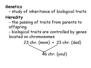 Genetics study of inheritance of biological traits Heredity