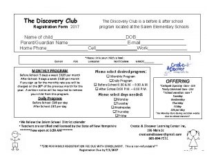 The Discovery Club Registration Form 2017 The Discovery