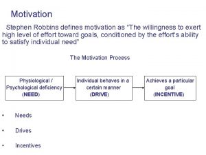 Motivation Stephen Robbins defines motivation as The willingness