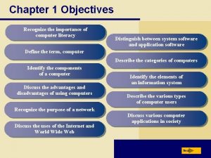 Chapter 1 Objectives Recognize the importance of computer