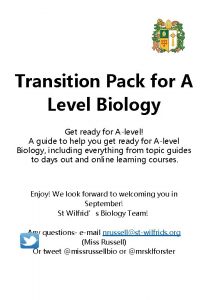 Transition Pack for A Level Biology Get ready