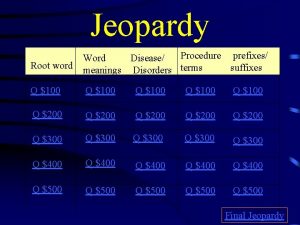 Jeopardy Root word Procedure prefixes Word Disease suffixes