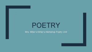 POETRY Mrs Millers Writers Workshop Poetry Unit What