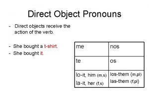 Direct Object Pronouns Direct objects receive the action