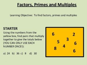 Factors Primes and Multiples Learning Objective To find