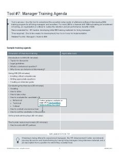 Tool 7 Manager Training Agenda Tool overview Use