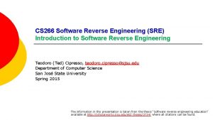 CS 266 Software Reverse Engineering SRE Introduction to