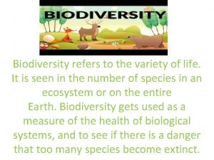 biodiversity Biodiversity refers to the variety of life